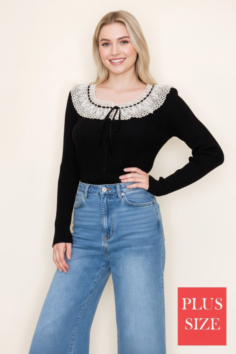 PLUS SIZE BLACK LONG SLEEVE LACE YOKE DETAIL TOP