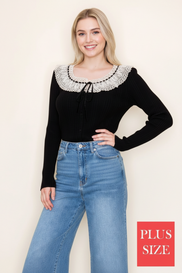 PLUS SIZE BLACK LONG SLEEVE LACE YOKE DETAIL TOP