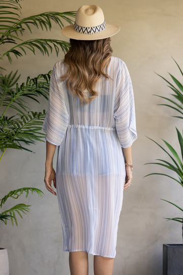 LIGHT YELLOW WHITE KRAVET STRIPES PRINT COVER-UP-VJ90867