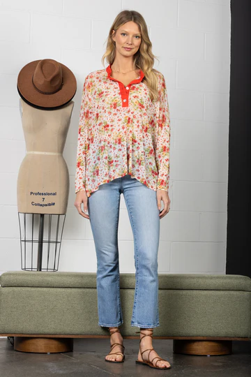 BURGUNDY MANDARIN COLLAR SILHOUETTE TOP-T7538