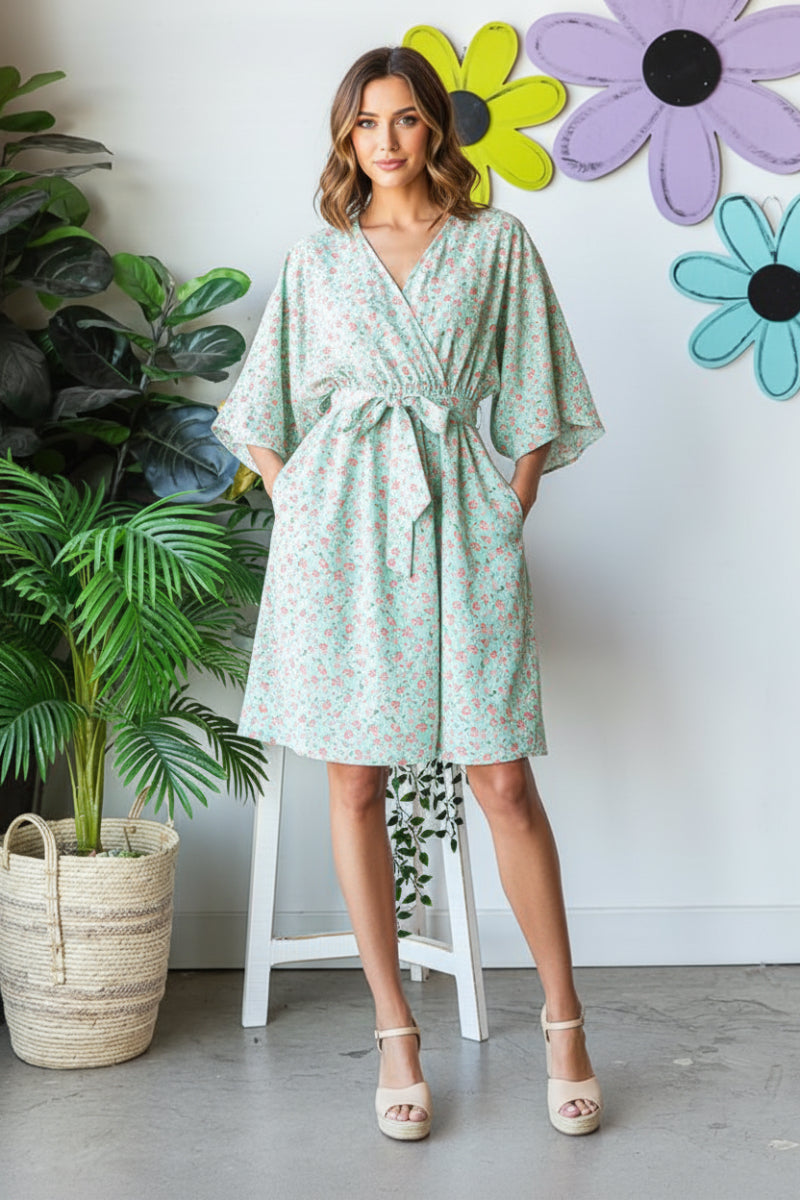 HALF SLEEVE SURPLICE NECKLINE DITSY FLORAL PRINT MINI DRESS-HMED6826-11