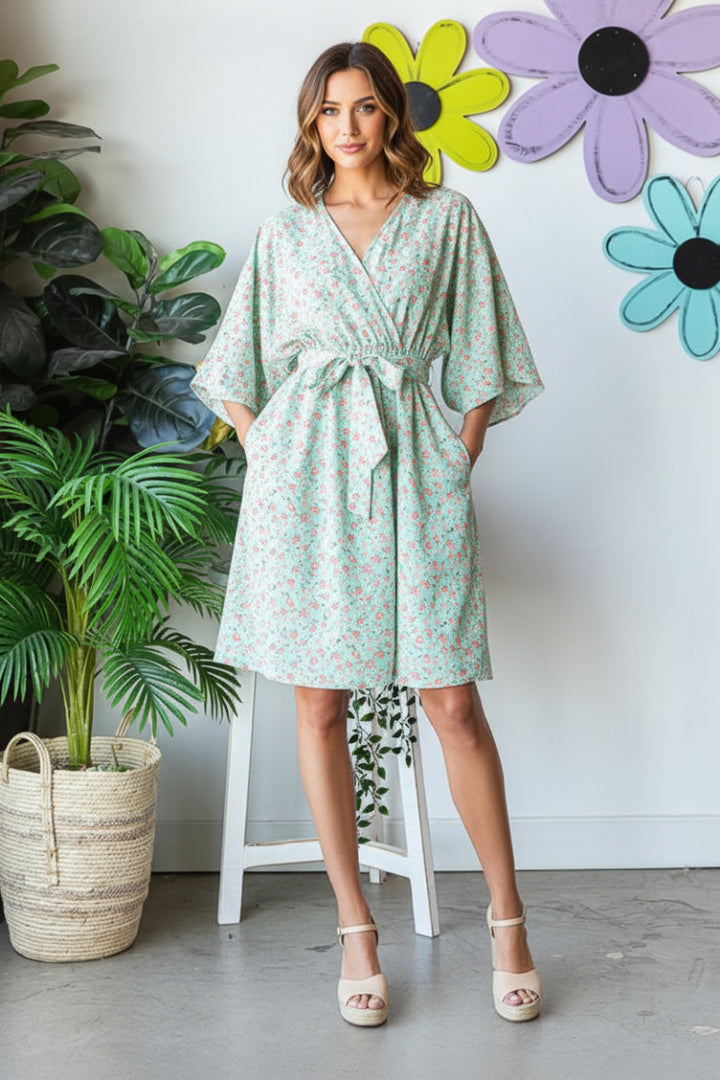 HALF SLEEVE SURPLICE NECKLINE DITSY FLORAL PRINT MINI DRESS-HMED6826-11