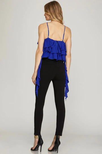 BLACK HALTER ROSETTE RUFFLED DETAILED WOVEN TOP SKSY6697
