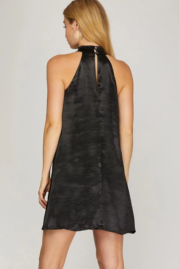 CHAMPAGNE SMOCKED MOCK NECK SATIN MINI DRESS SKSY5088