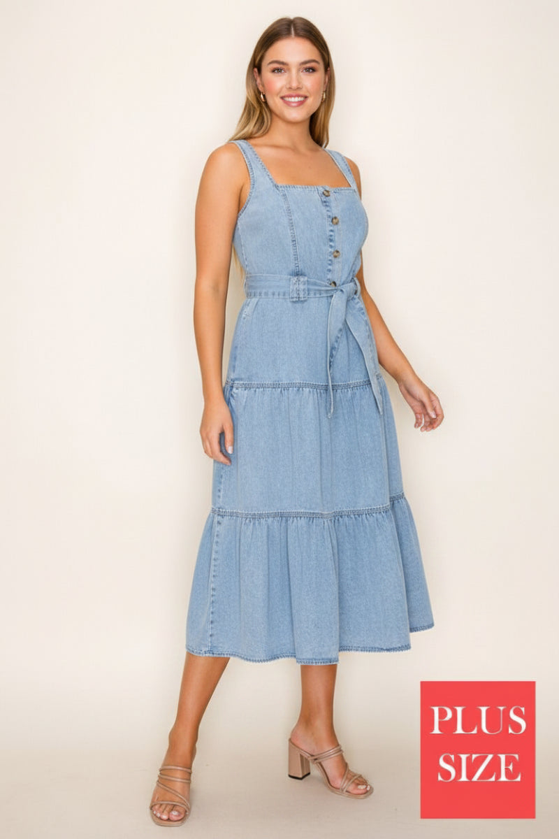 PLUS SIZE WAIST TIE SQUARE NECK DENIM MIDI DRESS-WBD90672P