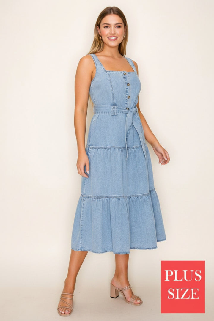 PLUS SIZE WAIST TIE SQUARE NECK DENIM MIDI DRESS-WBD90672P
