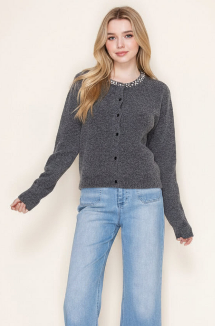 BUTTON DOWN FRONT FEATURING JEWEL NECKLINE TOP-WBT10953XL