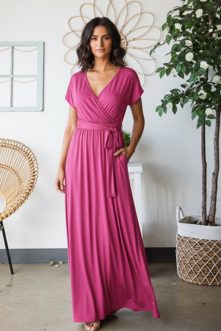 PLUS SIZE SHORT SLEEVE V NECK SOLID MAXI WRAP DRESS*