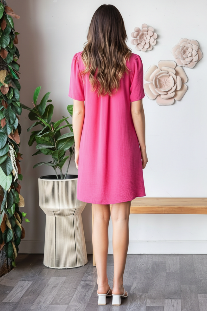 SHORT SLEEVE V NECK SOLID AIRFLOW WOVEN DRESS-HMED6880