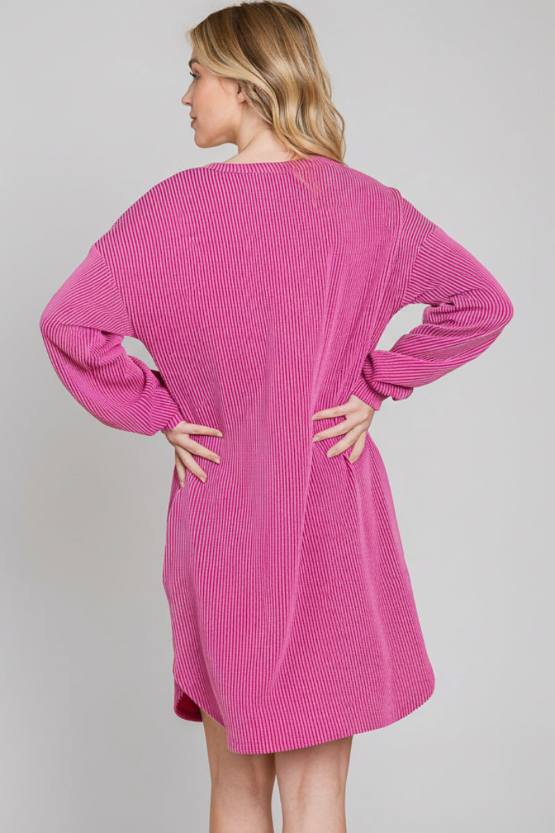 LONG PUFF SLEEVE SOLID URBAN RIBBED MINI DRESS