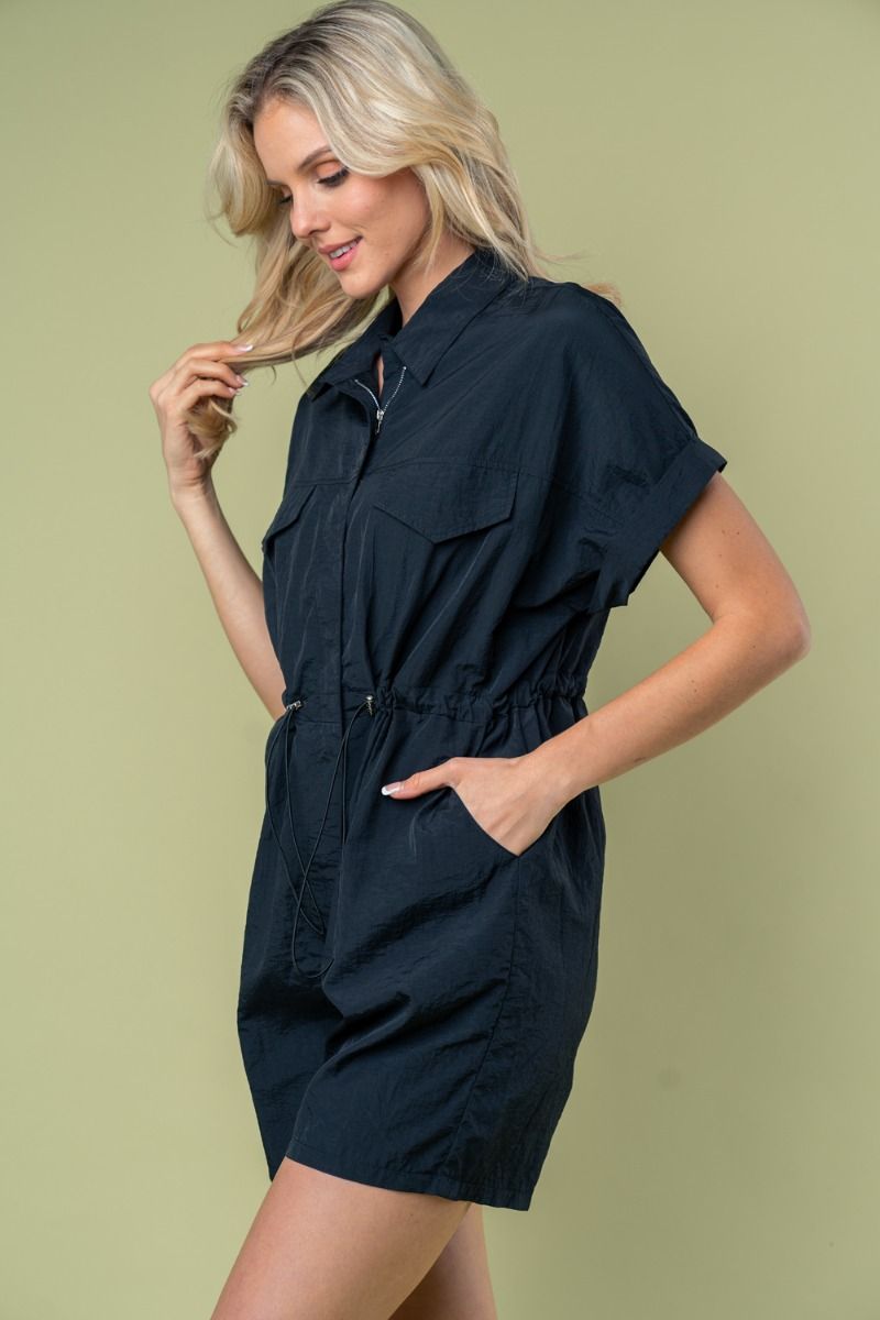 SHORT SLEEVE SOLID WOVEN ROMPER