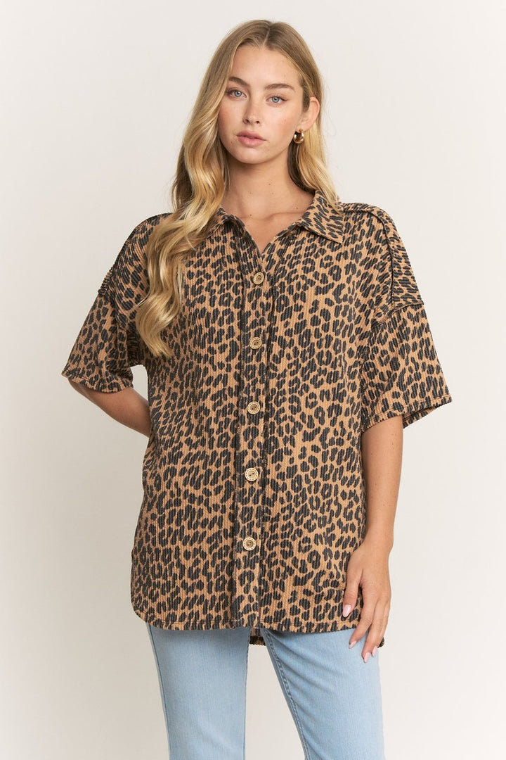 LEOPARD PRINT BUTTON DOWN TEXTURED COLLARED TOP HMET8040-11