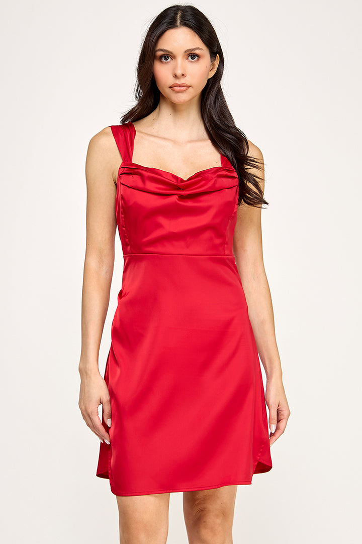 SLEEVELESS SATIN DRESS.WITH PLETED NECKLINE .