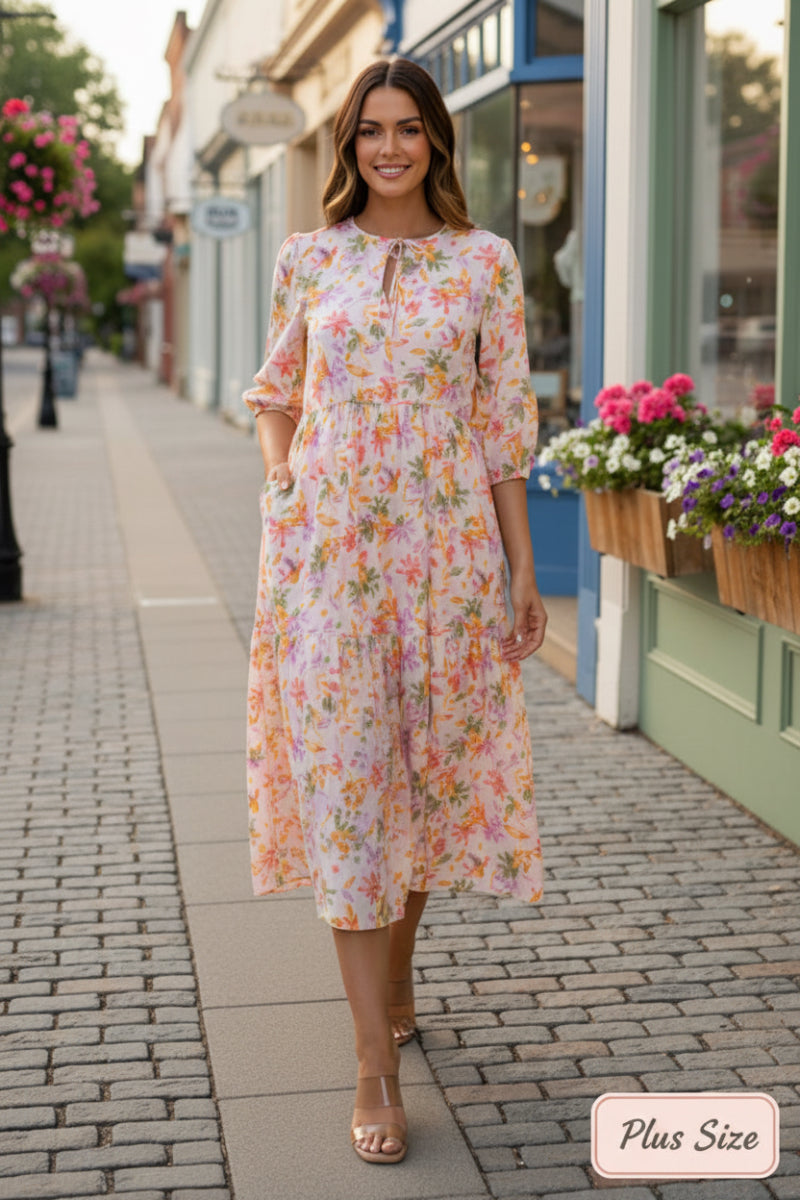 RELAXED FIT ROUND TIE NECK MIDI DRESS SHVL5994-G