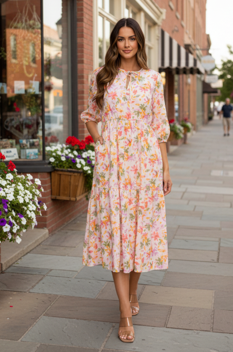 RELAXED FIT ROUND TIE NECK MIDI DRESS SHVL5994-G