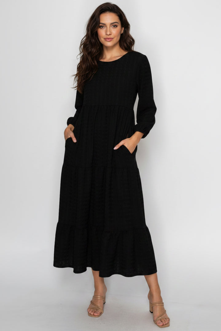 PLUS SIZE PUFF SLEEVES LAYERED DRESS WITH SIDE POCKETS-SHVL5825