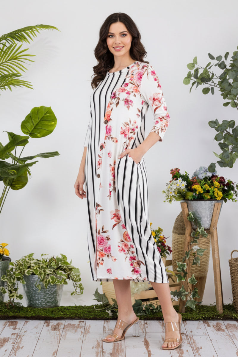PLUS SIZE STRIPE FLORAL CONTRAST MIDI-DRESS-CLCD43837D