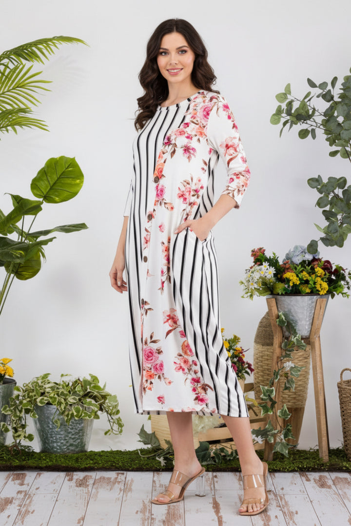 PLUS SIZE STRIPE FLORAL CONTRAST MIDI-DRESS-CLCD43837D