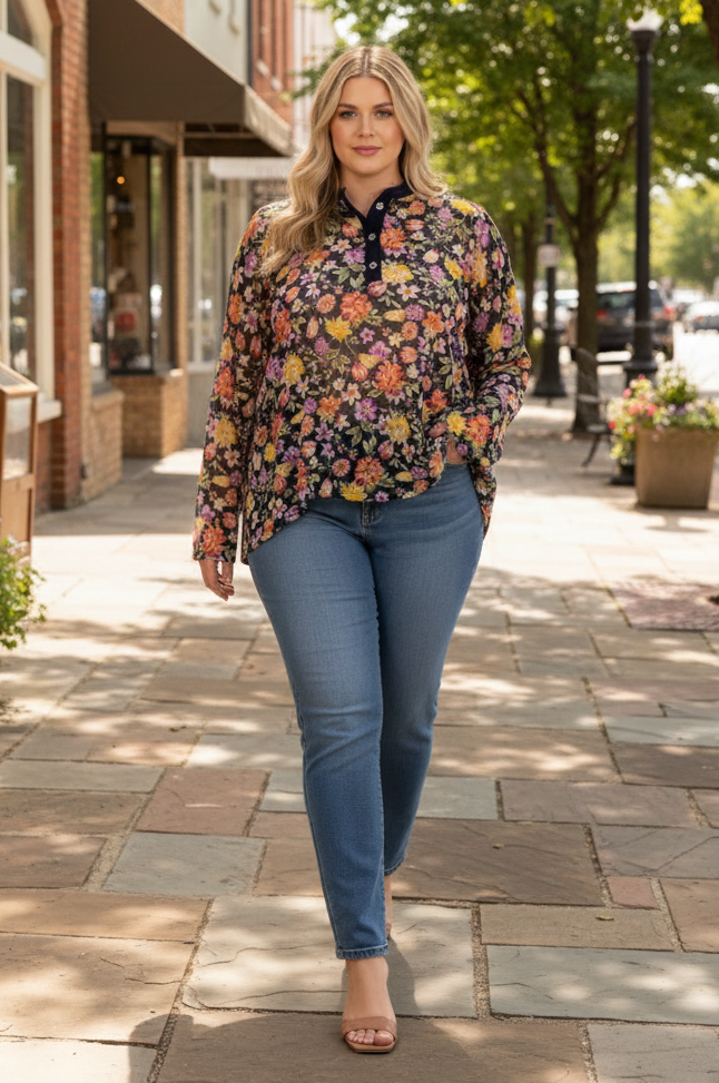 MANDARIN COLLAR FLORAL PRINT PLUS SIZE TOP T7538-