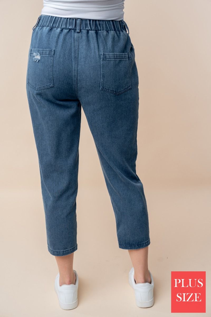 HIGH WAISTED SOLID PLUS SIZE DENIM CAPRI PANTS