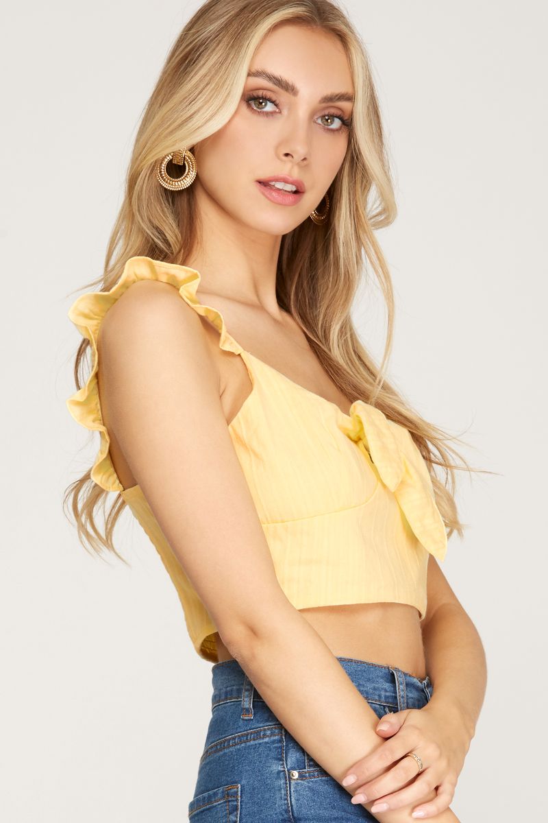 ICE BLUE JACQUARD FRONT-TIE RUFFLED WOVEN COTTON TOP SKSS8705