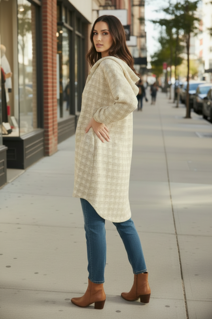 LONG PUFF SLEEVE CHECKER BOUCLE FABRIC BUTTON DOWN CARDIGAN