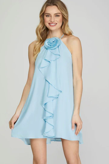 HALTER ROSETTE RUFFLED WOVEN MINI DRESS