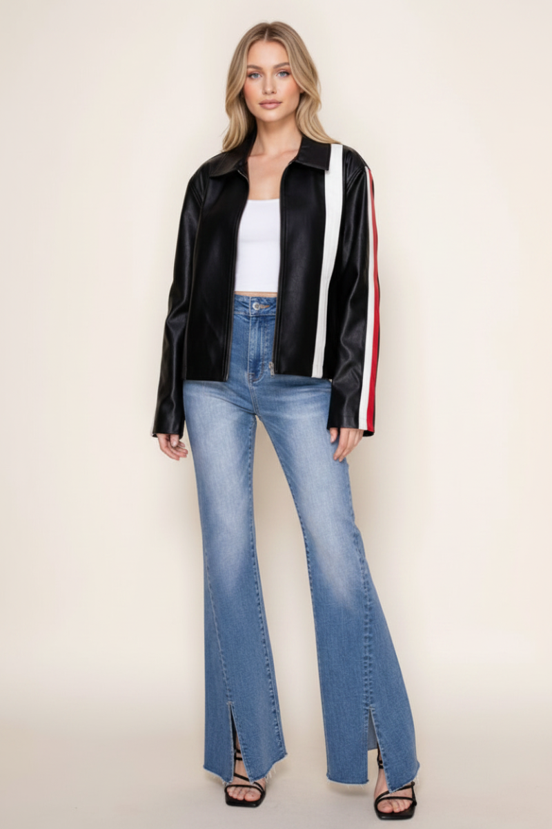 BLACK PU LEATHER JACKET WHIT FRONT ZIP-UP-WBT11052XL