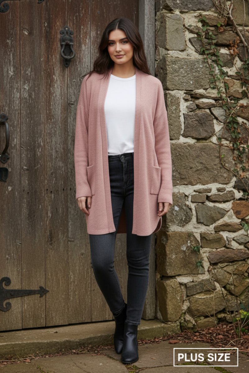 PLUS SIZE LONG SLEEVE SOLID BRUSHED URBAN RIBBED OPEN