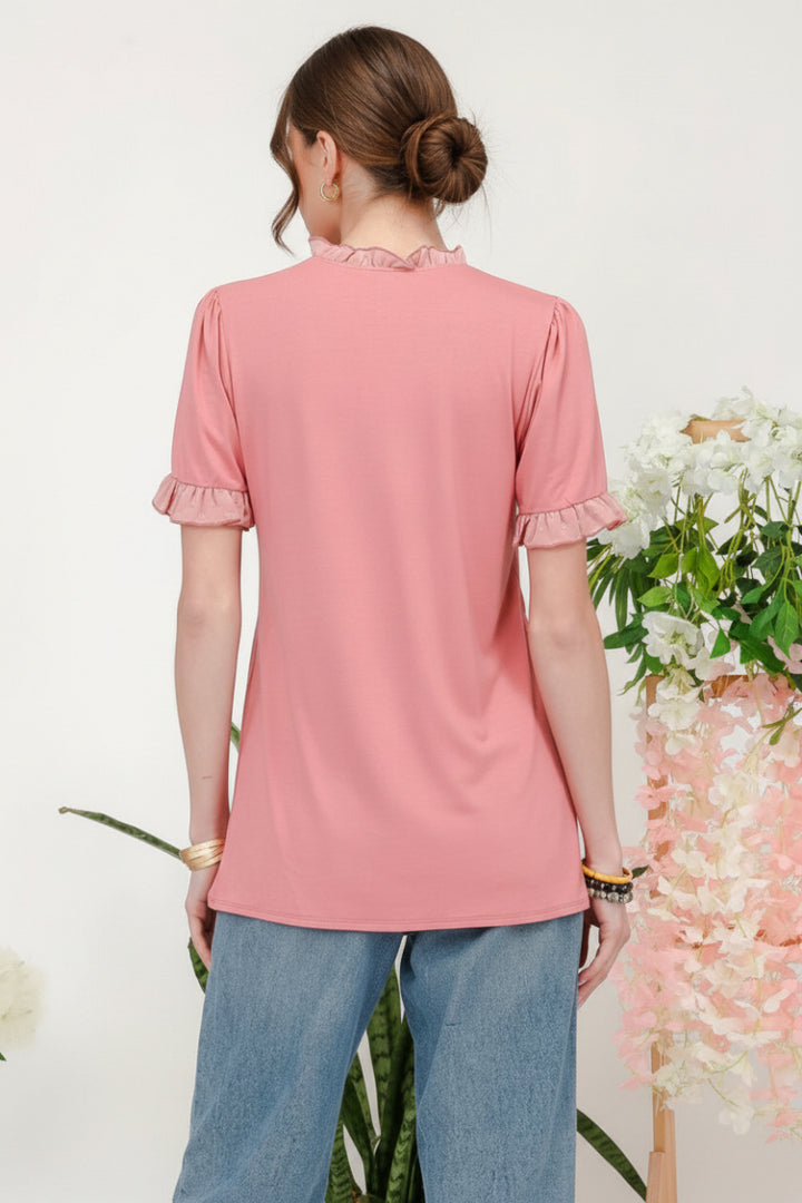 PLUS SOLID TOP WITH RUFFLE CHIFFON SLEEVE DETAIL-CLCT43791