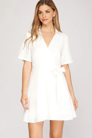 WARP COLLARED FRONT SIDE TIE WOVEN MINI DRESS SKSY3822