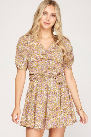 DUSTY BLUE FLORAL PUFF SLEEVES FLARE LAYERED ROMPER SKSS7803