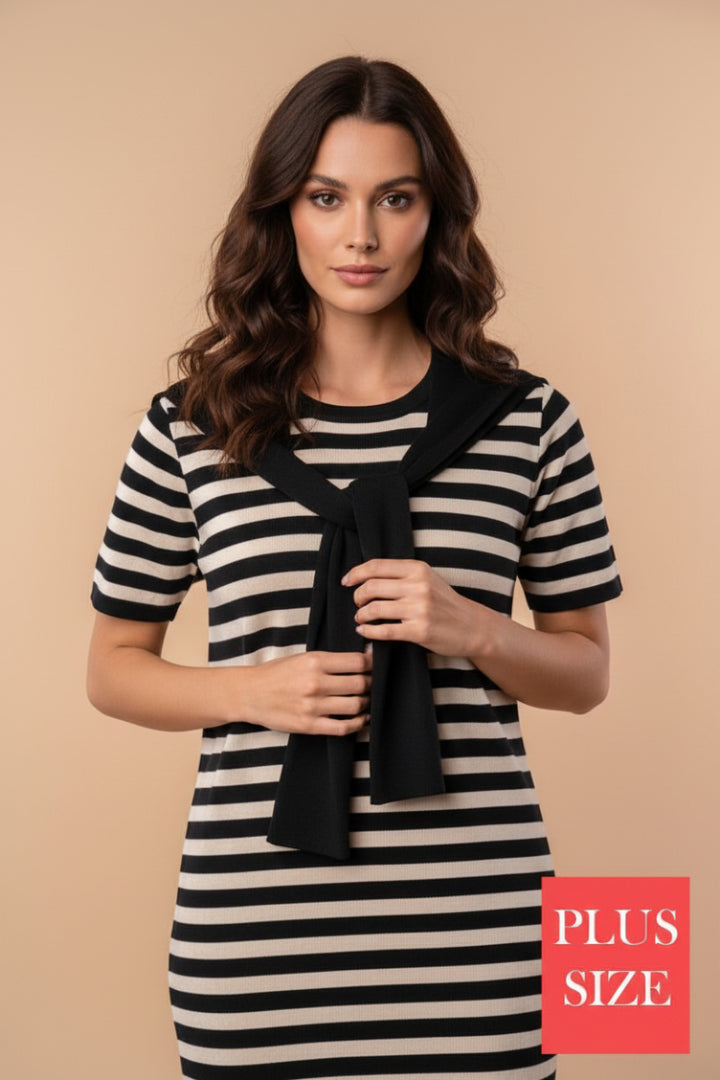 PLUS SIZE SHORT SLEEVE STRIPED MIDI DRESS WBD90685P