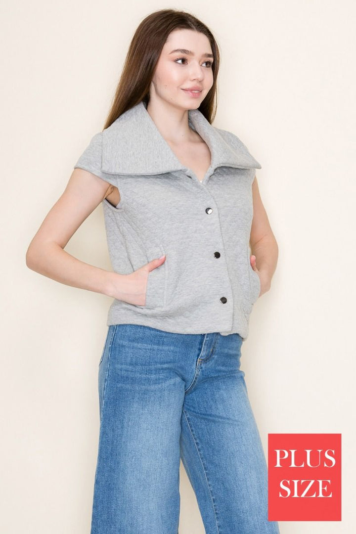 PLUS SIZE SLEEVELESS SOLID BUTTON DOWN VEST