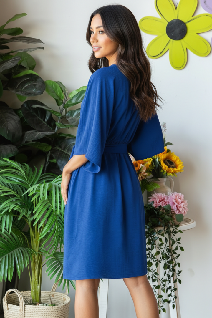 PLUS SIZE SHORT SLEEVE WRAP V NECK SOLID MIDI DRESS*