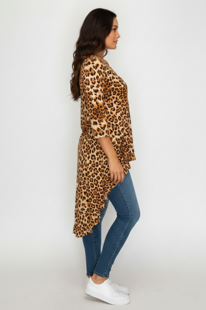 PLUS SIZE 3/4 SLEEVES HIGH LOW TUNIC TOP RUFFLED DETAIL-SHB5789-R