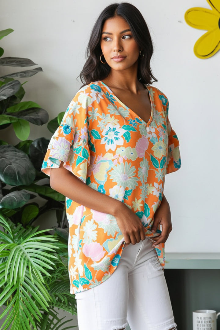 ORANGE FLORAL PRINT DOUBLE RUFFLED V-NECK TOP HMET7105-13