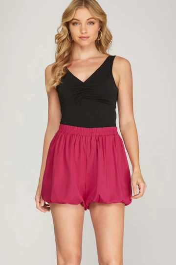 TAUPE ELASTIC WAIST BUBBLE HEM SHORTS