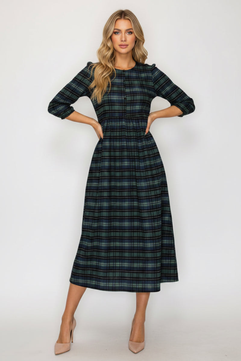 ELEGANT PLAID MIDI DRESS FEATURING A FLATTERING EMPIRE SHVL5954-5