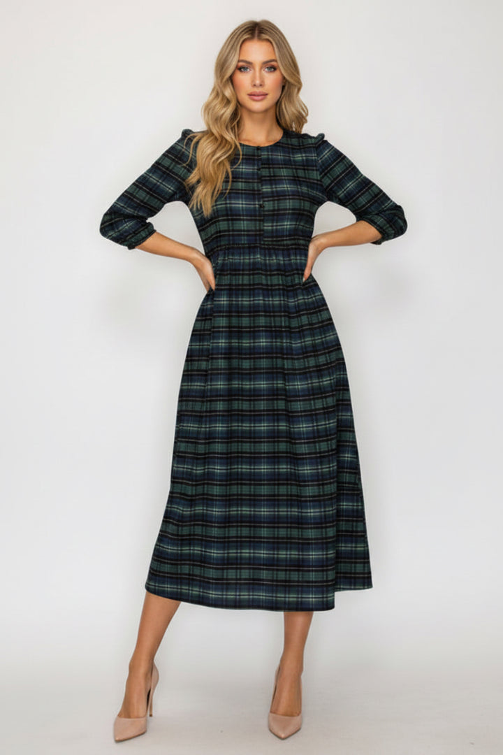 ELEGANT PLAID MIDI DRESS FEATURING A FLATTERING EMPIRE SHVL5954-5
