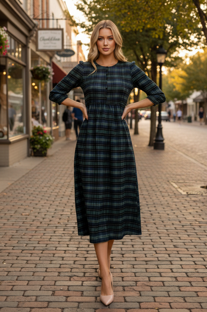 ELEGANT PLAID MIDI DRESS FEATURING A FLATTERING EMPIRE SHVL5954-5