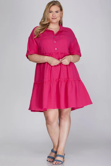 COLLARED TIERED GAUZE BUTTON DOWN WOVEN PLUS SIZE MINI DRESS SKPSY6243