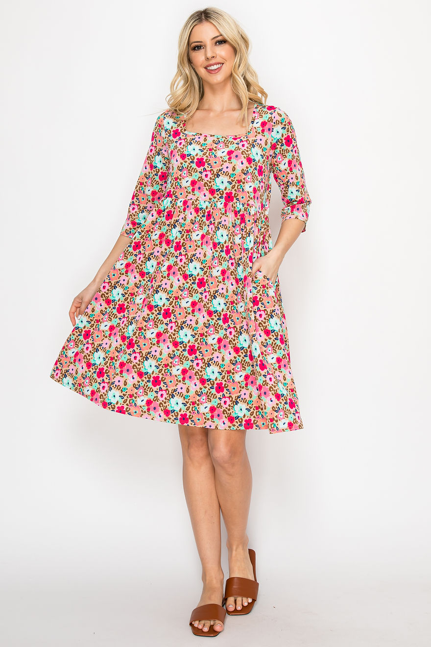 MULTI PRINT SQUARE-NECK PLUS SIZE DRESS WITH SIDE POCKETS