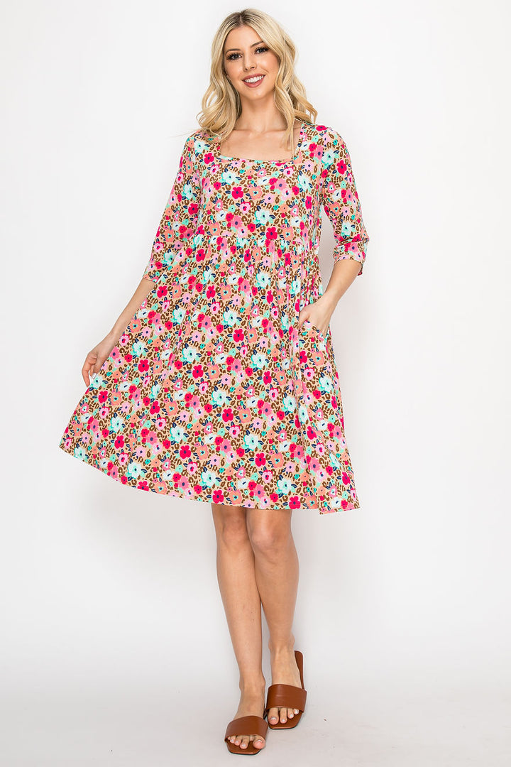 MULTI PRINT SQUARE-NECK PLUS SIZE DRESS WITH SIDE POCKETS