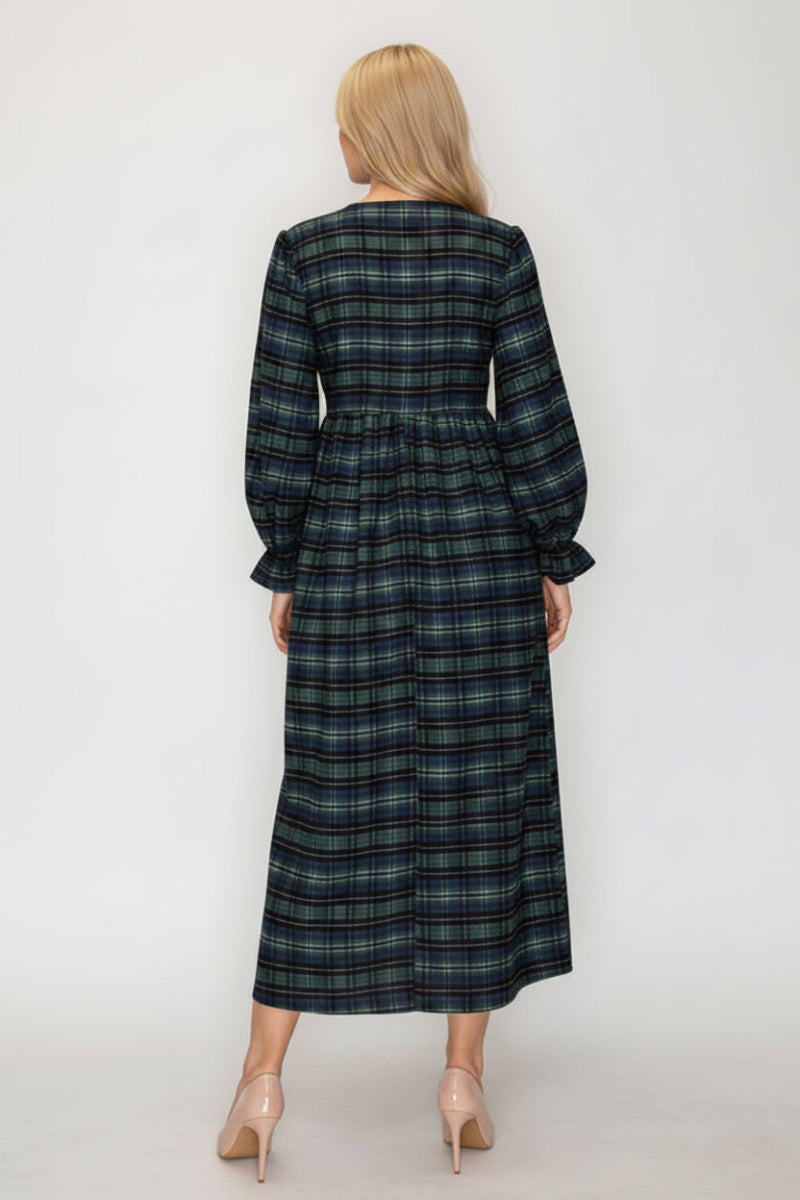 ELEGANT PLAID MIDI DRESS FEATURING A FLATTERING EMPIRE SHVL5954-5