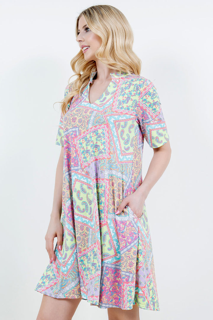 SEAFOAM PRINT SWING SHORT SLEEVE PLUS SIZE MINI DRESS-SHVC5086ES