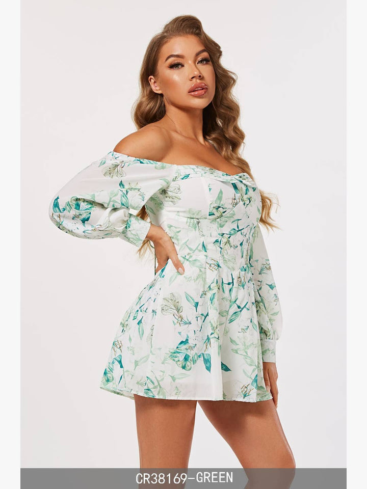 FLORAL LONG SLEEVES OFF SHOULDER ROMPER CWCR38169
