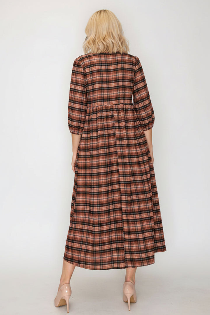 ELEGANT PLAID MIDI DRESS FEATURING A FLATTERING EMPIRE SHVL5954-5