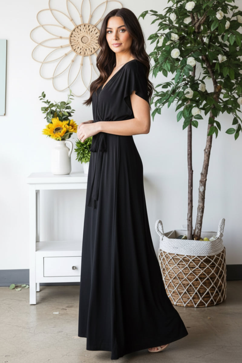 SHORT SLEEVE V NECK SOLID MAXI WRAP DRESS HMED6724S