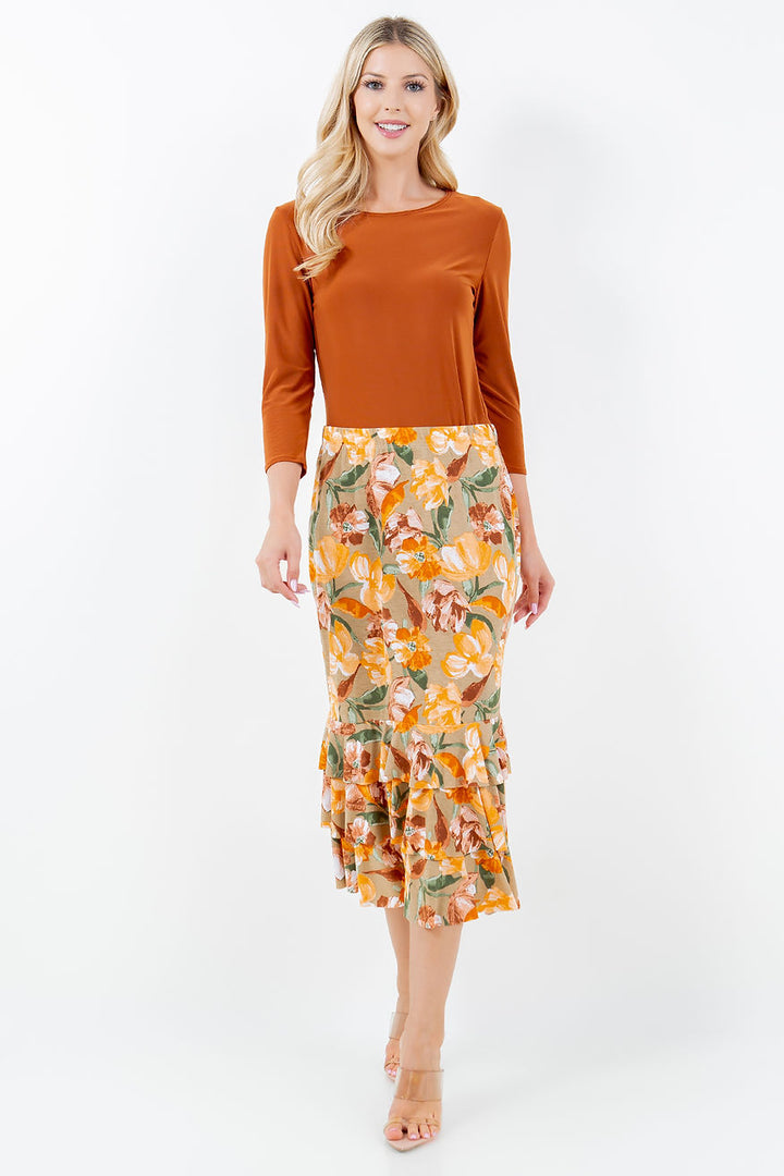 PLUS SIZE A-LINE RUFFLE MIDI SKIRT